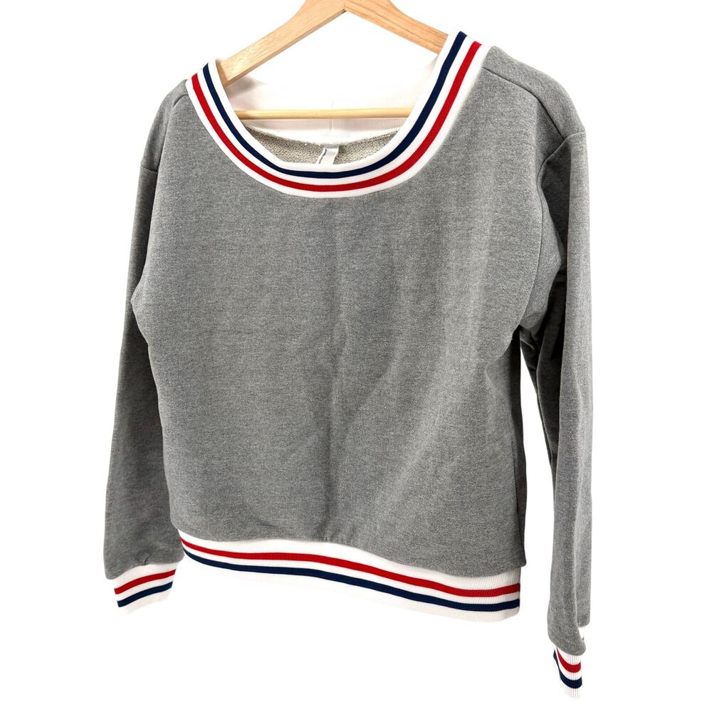 American Apparel Heather Gray Striped Trim Scoop Neck Cropped Sweatshirt